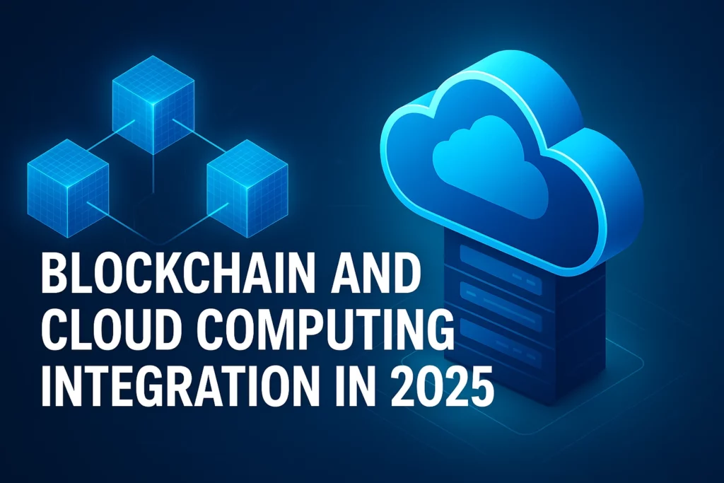 Illustration of blockchain and cloud computing integration with futuristic design elements